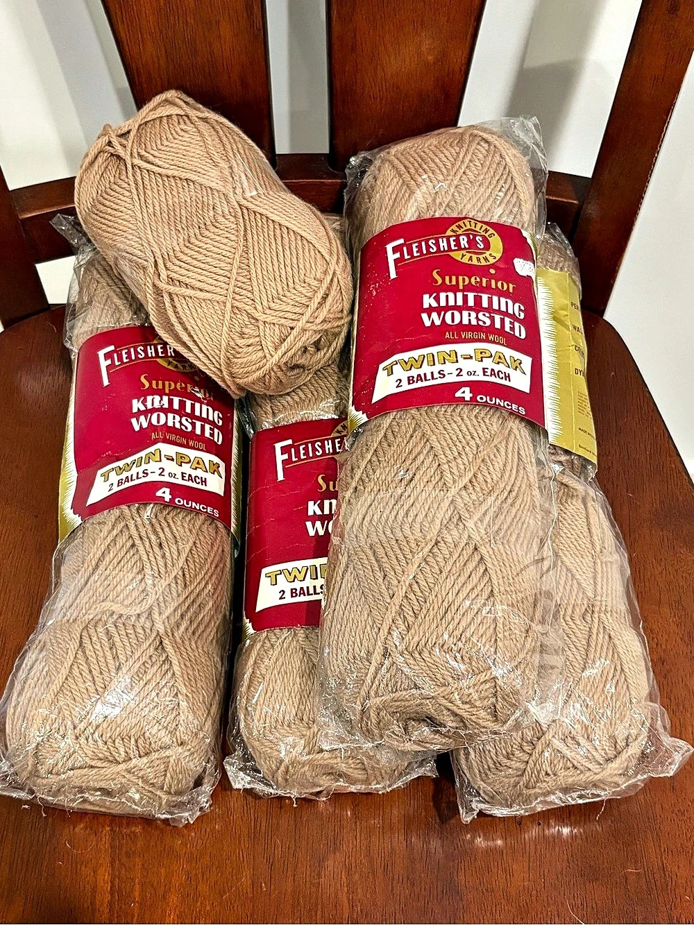 Vintage Fleisher’s Superior Knitting Worsted Yarn Lot- Camel Tan (9 Skeins/18oz)